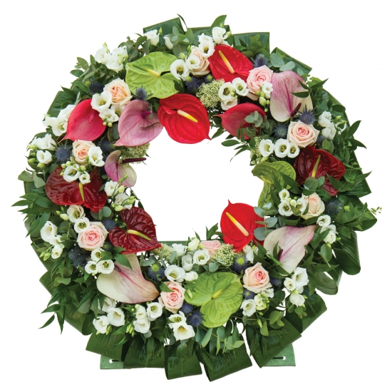 Coroana funerara rotunda anthurium si lisianthus
